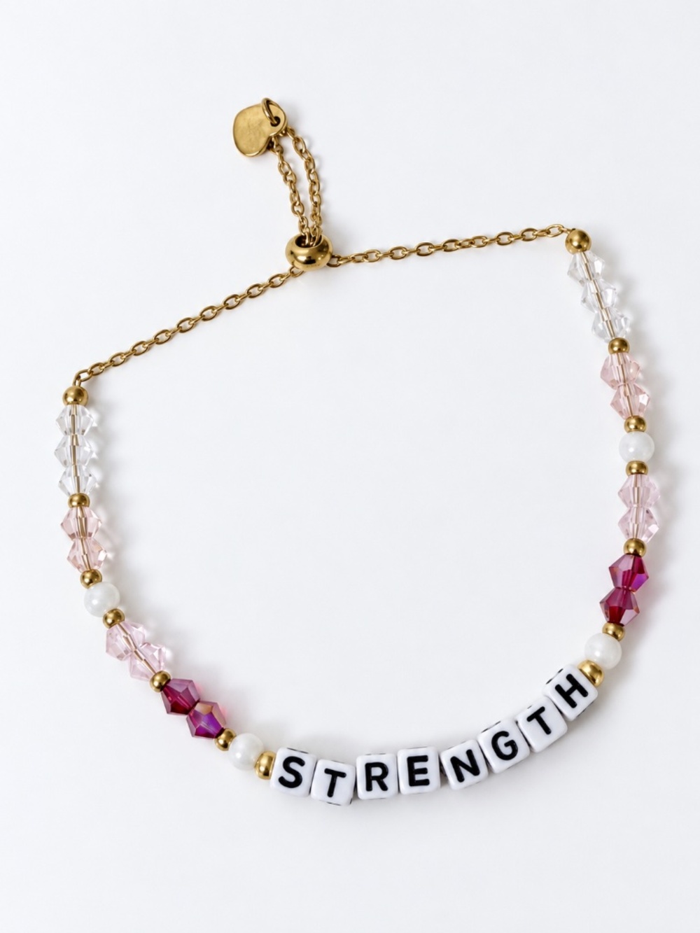 Strength Gold & Pink Beaded Word Bolo Bracelet | Cancer Support Inspirational